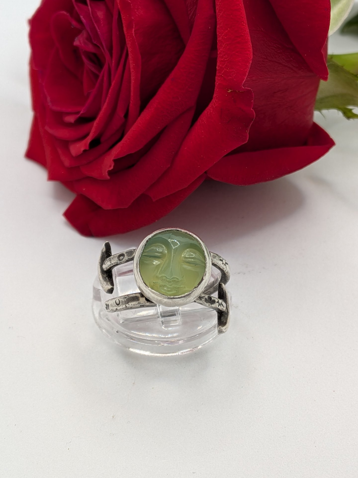 Prehnite Moon Face ring size 8