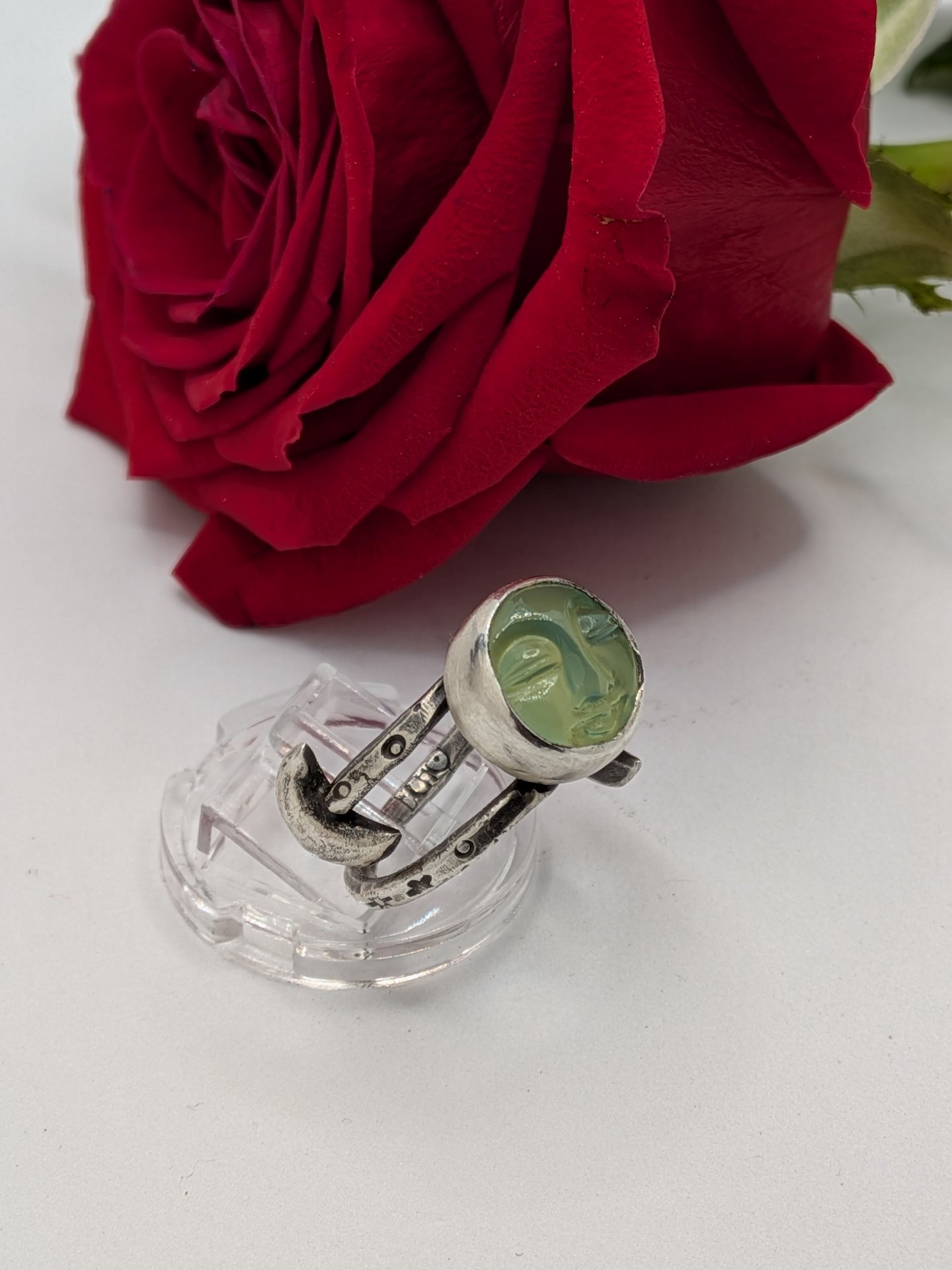 Prehnite Moon Face ring size 8