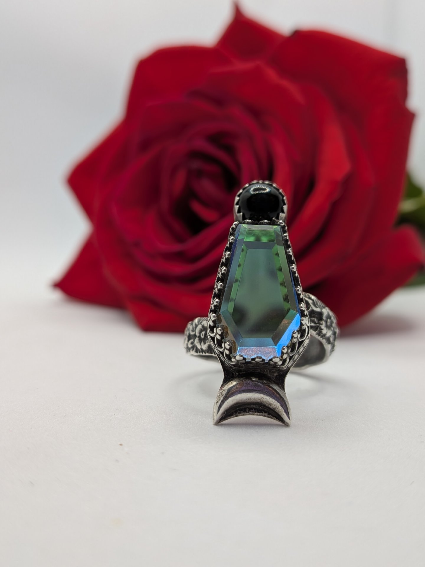 Gothic Coffin Moon Ring size 8