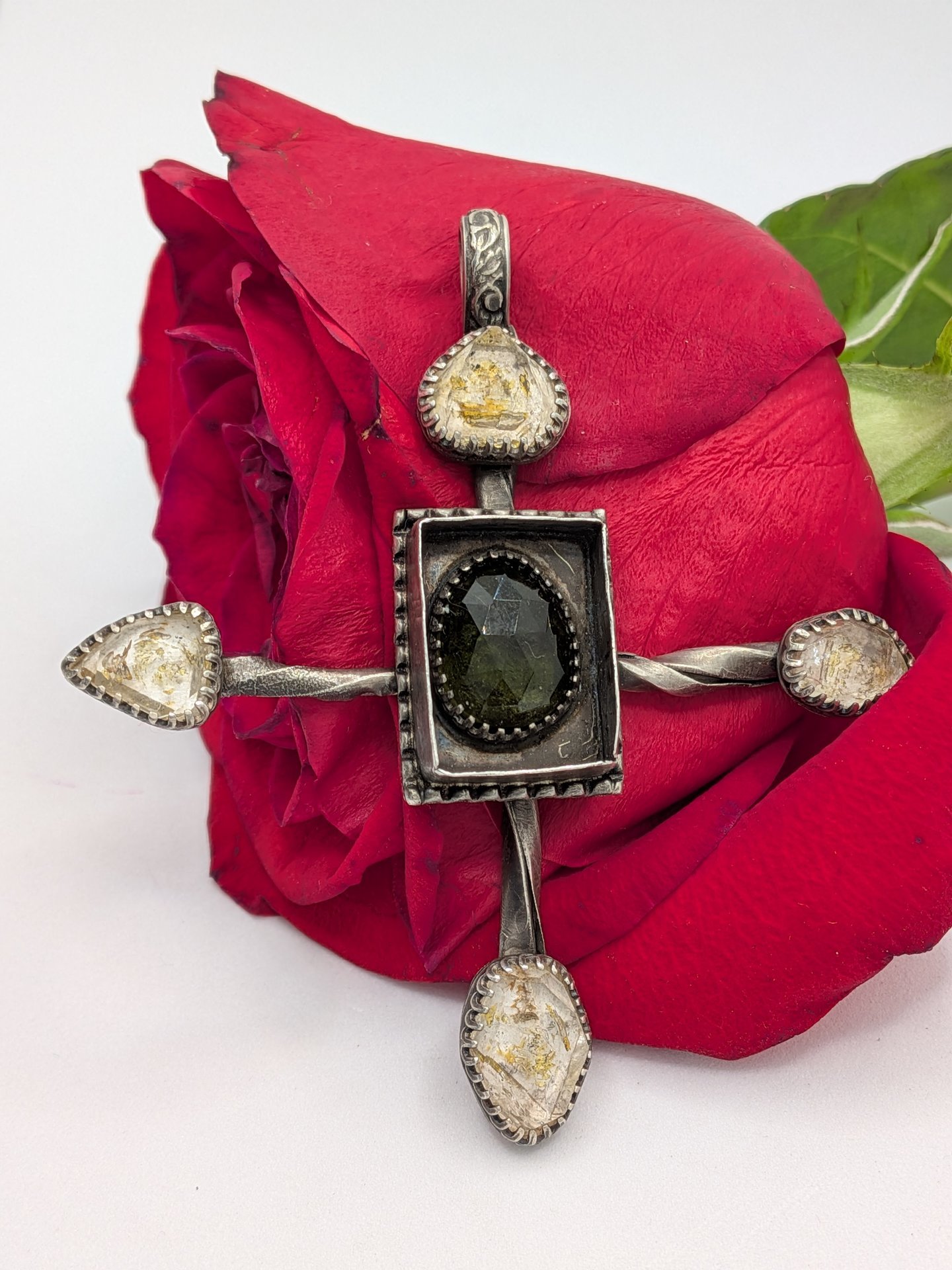 Glowing Petroleum Quartz & Moldavite Pendant 