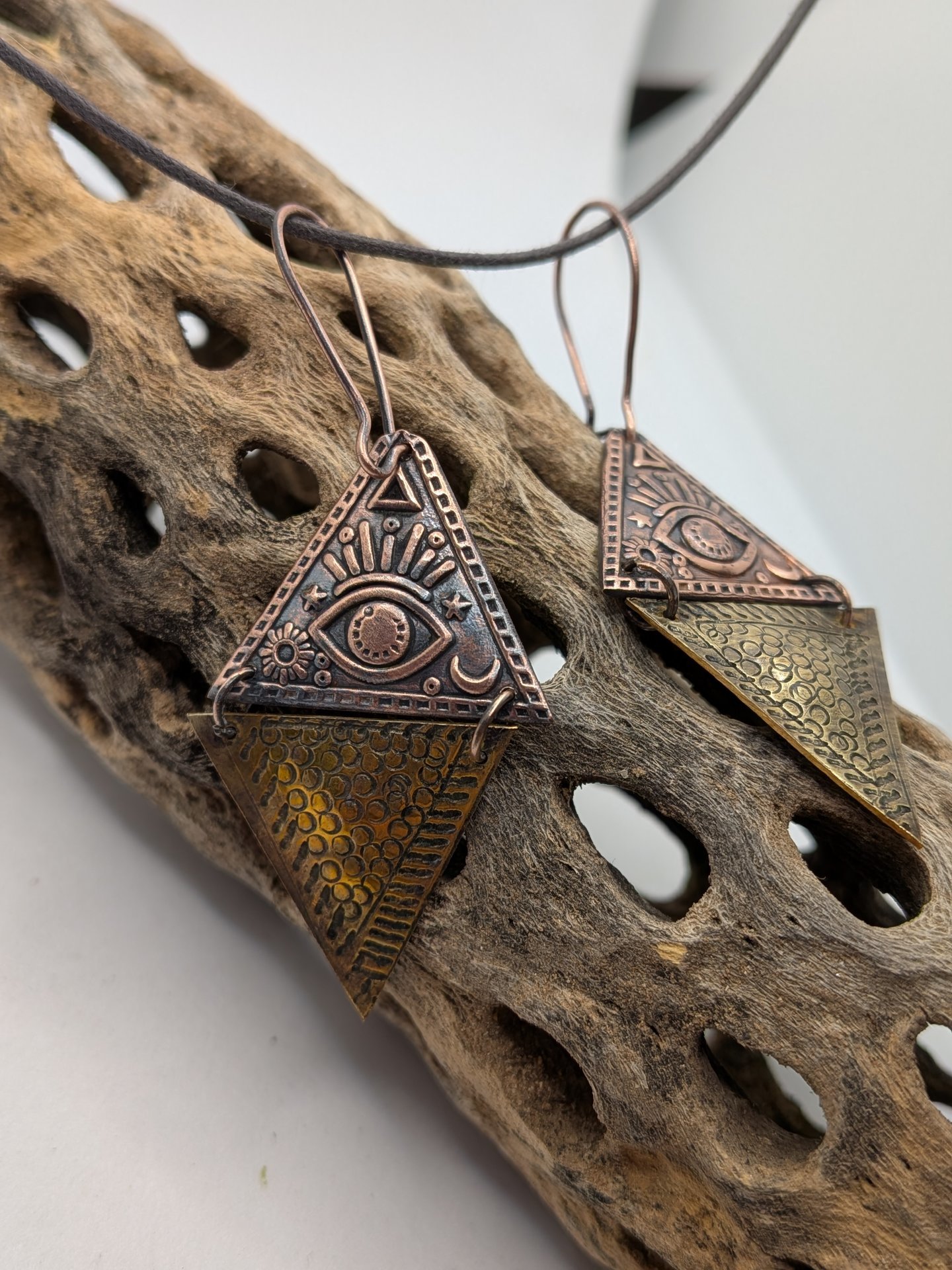 Copper and brass all seeing eye earrings