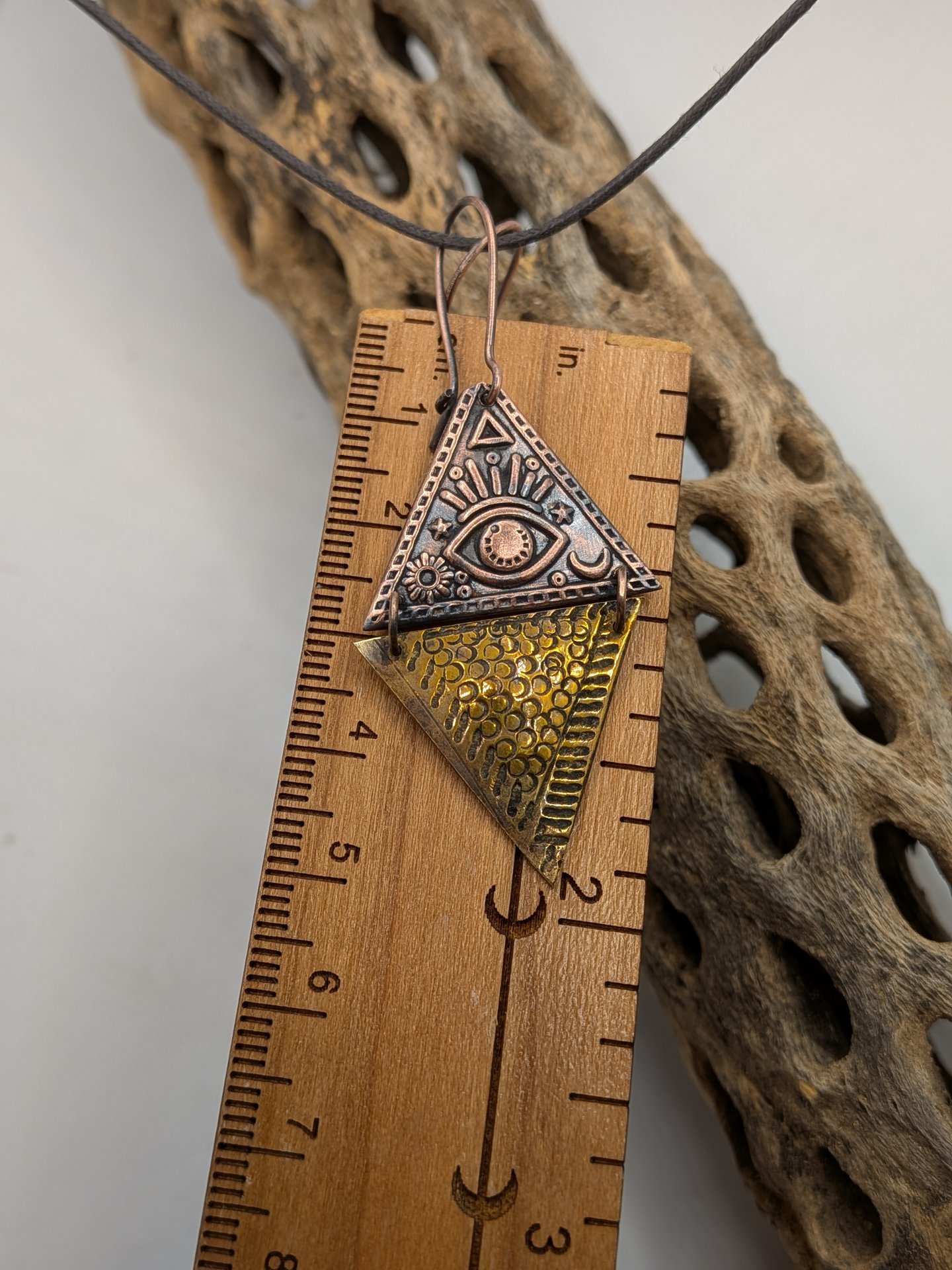 Copper and brass all seeing eye earrings