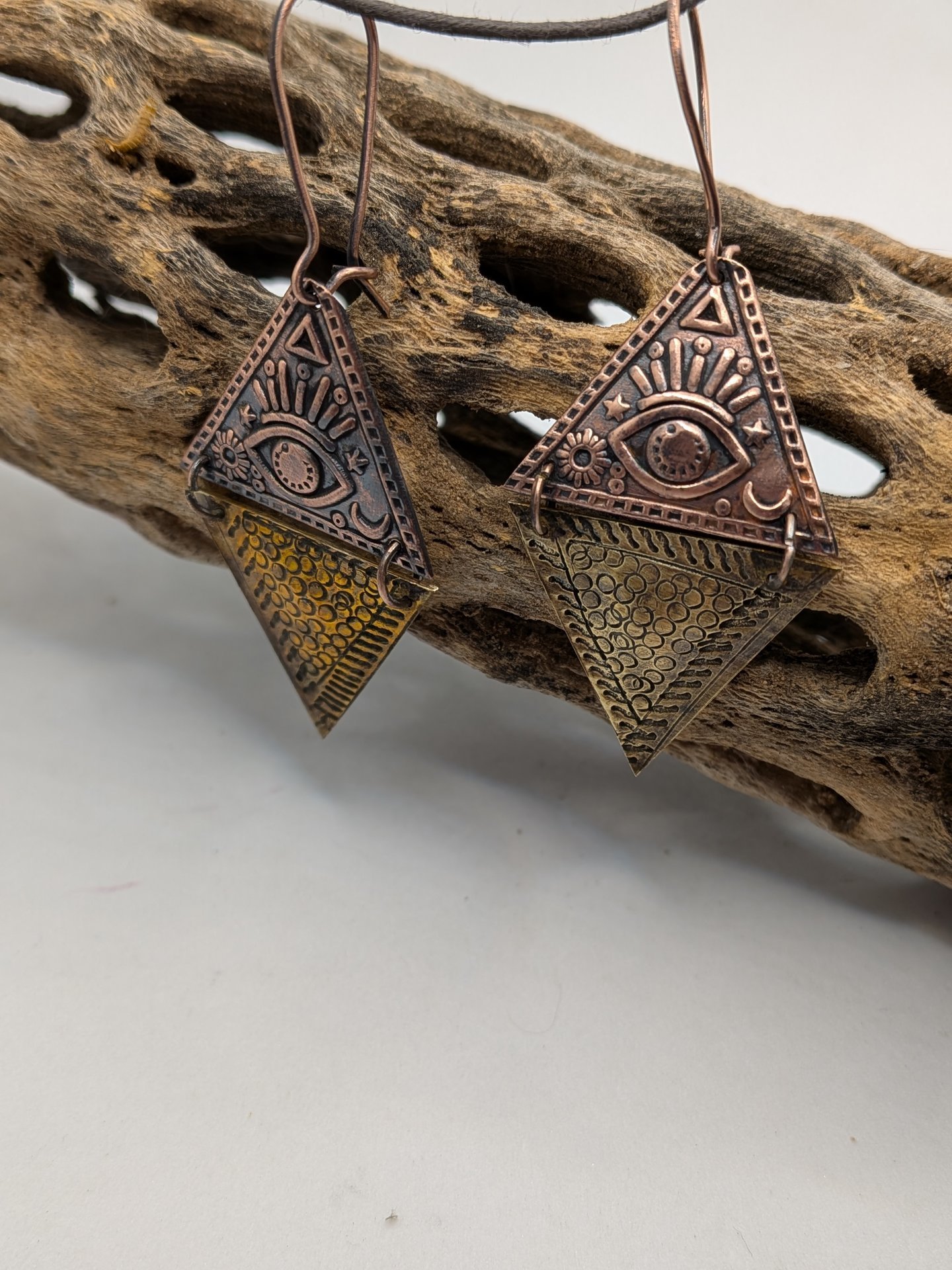 Copper and brass all seeing eye earrings