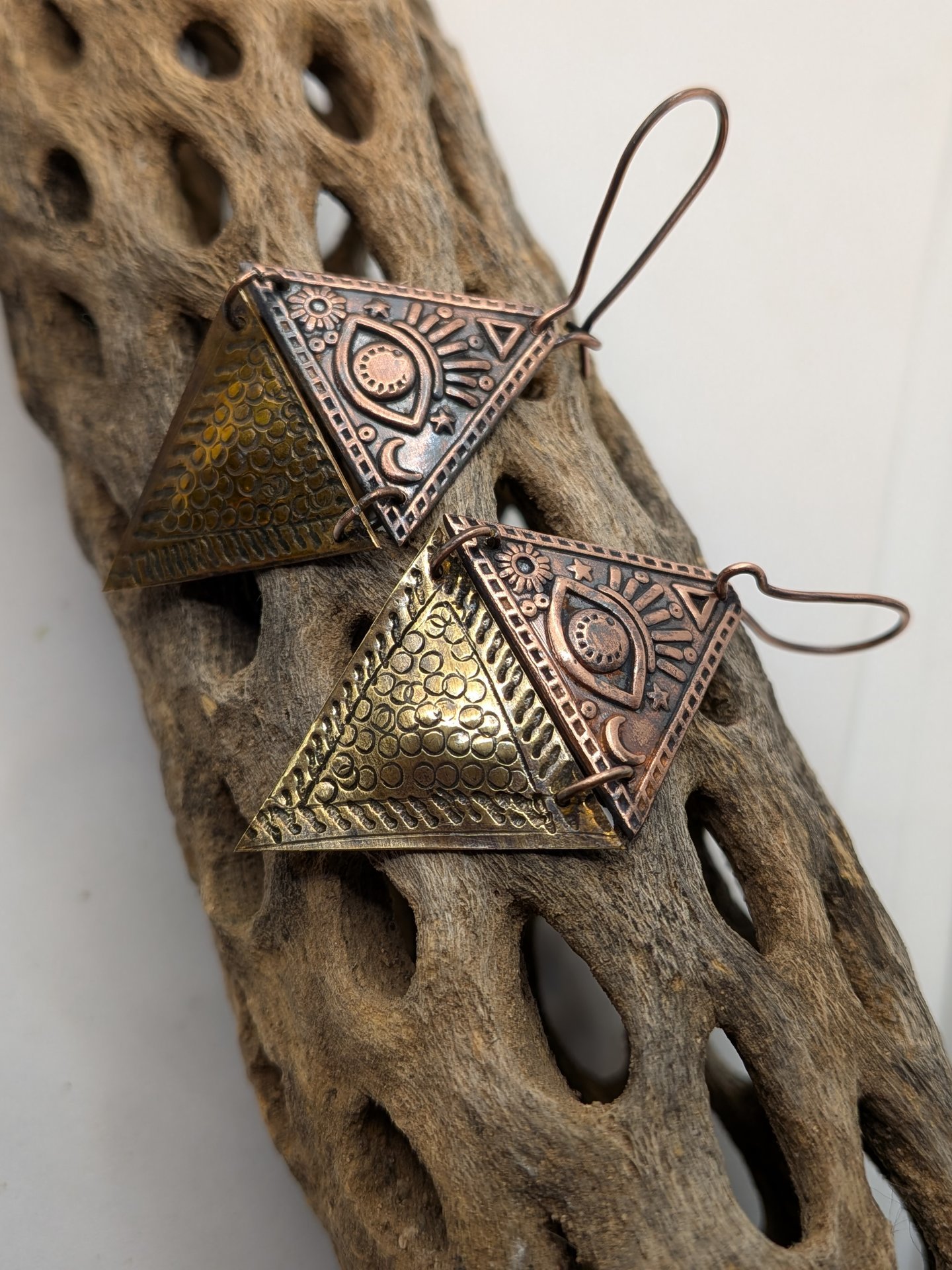 Copper and brass all seeing eye earrings